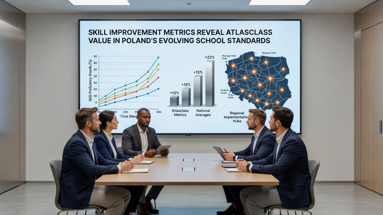 Students in a Polish classroom using Atlasclass for geography skill exercises with performance graphs visible